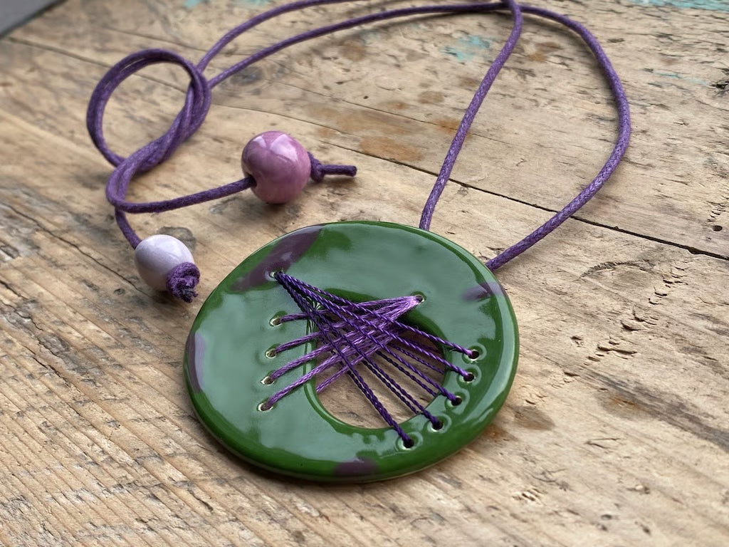 Handmade Ceramic Pendant - Large Oval Pendant-Green and Purple