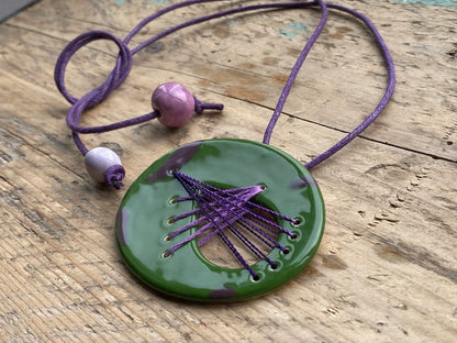Handmade Ceramic Pendant - Large Oval Pendant-Green and Purple