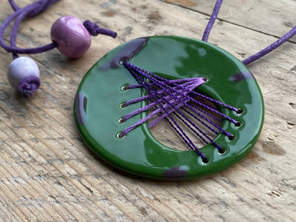 Handmade Ceramic Pendant - Large Oval Pendant-Green and Purple