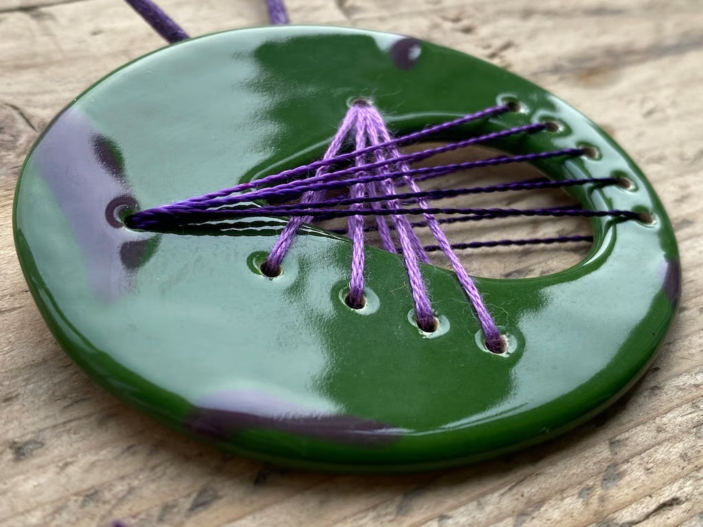 Handmade Ceramic Pendant - Large Oval Pendant-Green and Purple
