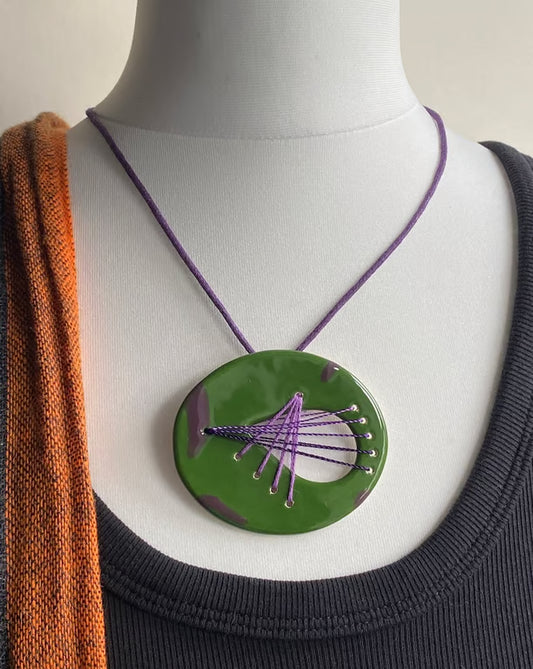 Handmade Ceramic Pendant - Large Oval Pendant-Green and Purple