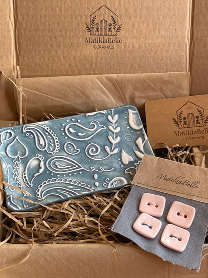 Ceramic sewing tray with Handmade Pottery Buttons Gift Box