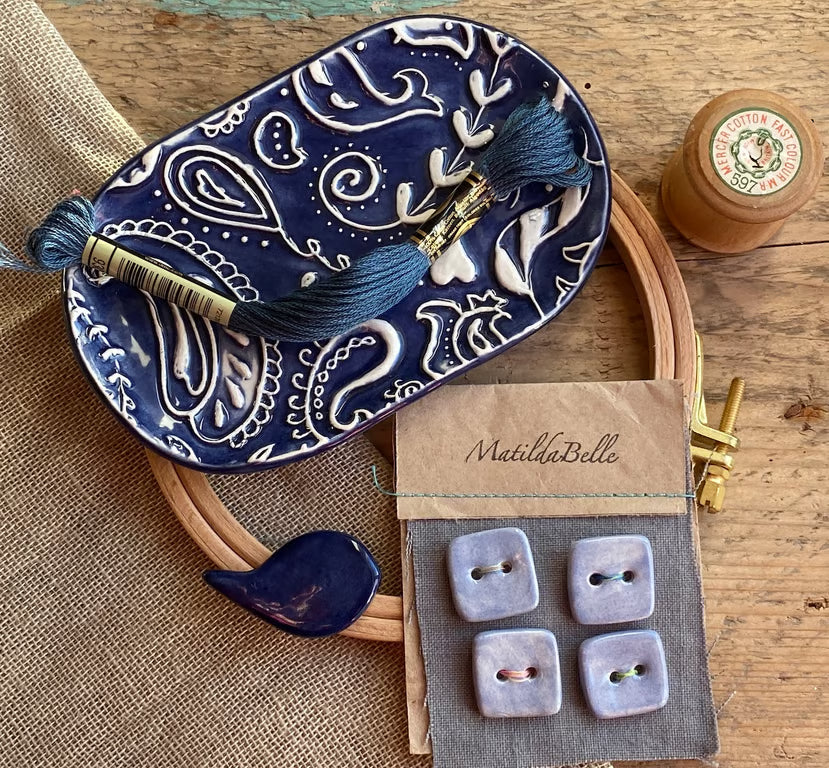 Pottery trinket tray-Needle Minder- Handmade Pottery Buttons Gift Box