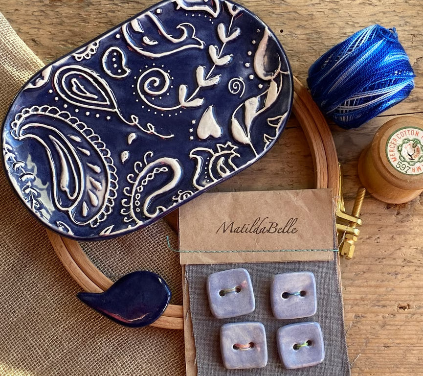Pottery trinket tray-Needle Minder- Handmade Pottery Buttons Gift Box