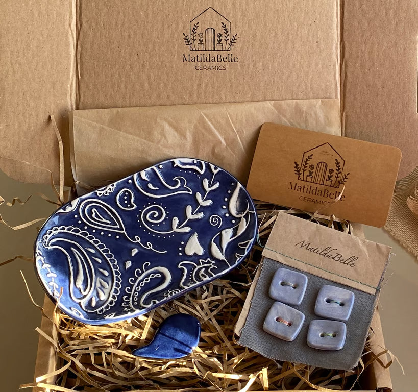 Pottery trinket tray-Needle Minder- Handmade Pottery Buttons Gift Box