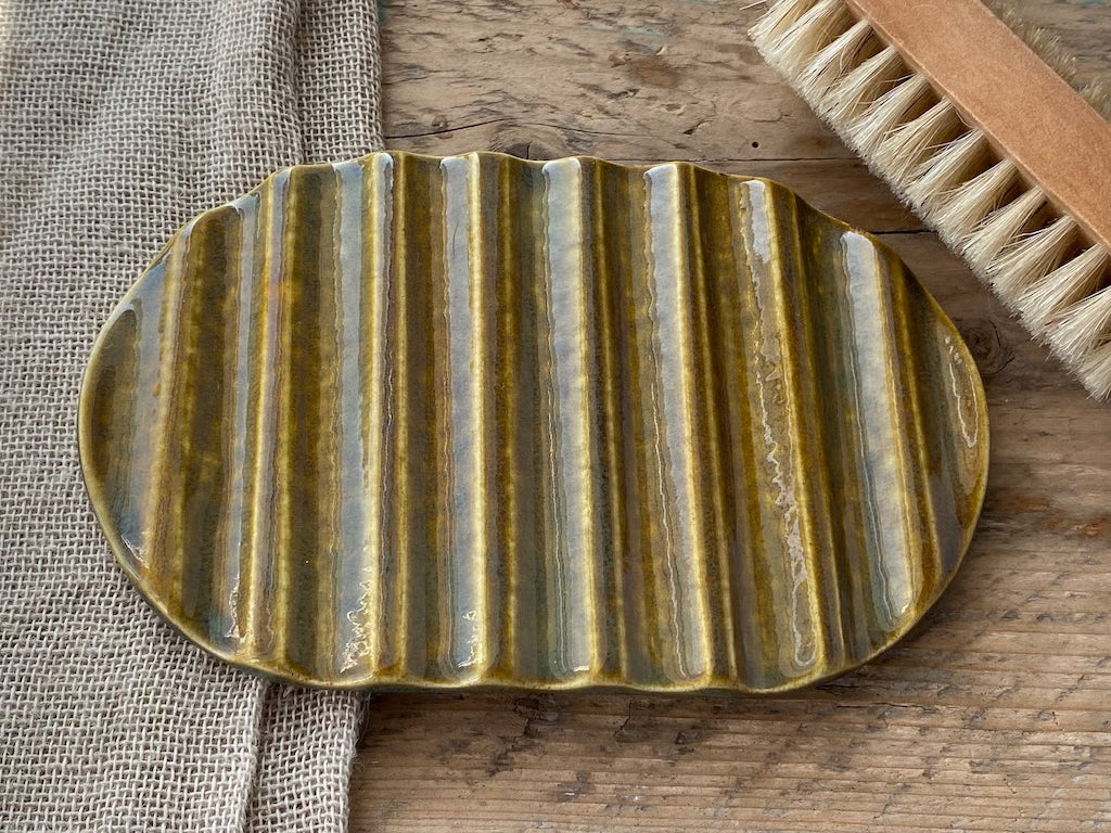 Handmade Pottery Soap Dish rippled,  Honey