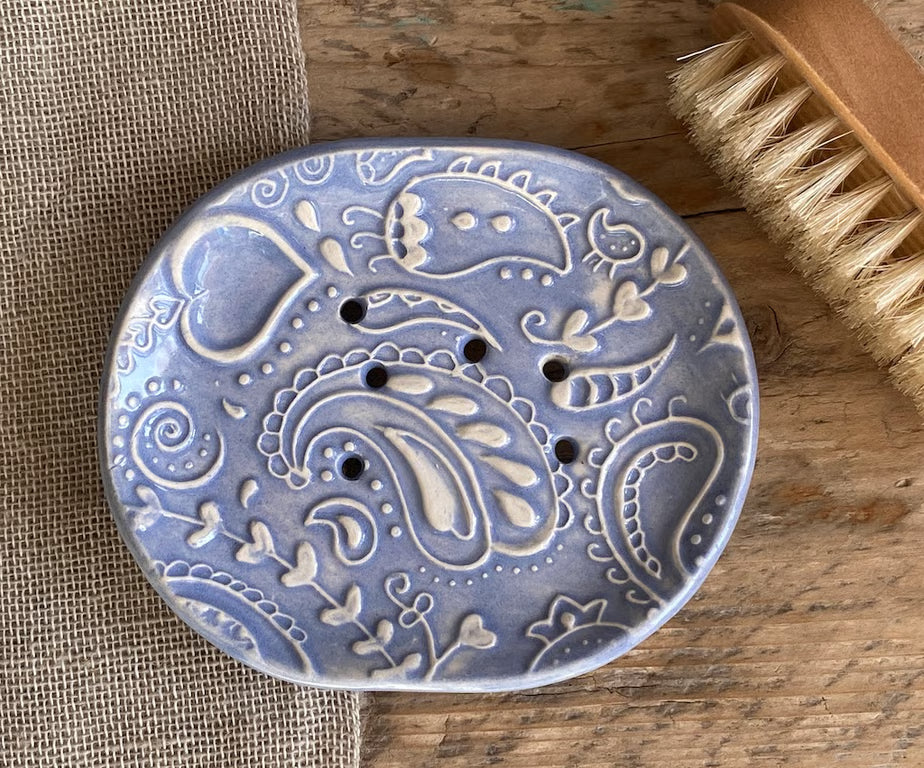 Handmade Ceramic Blue Paisley Soap Dish