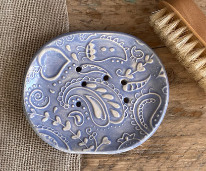 Handmade Ceramic Blue Paisley Soap Dish