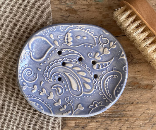 Handmade Ceramic Blue Paisley Soap Dish