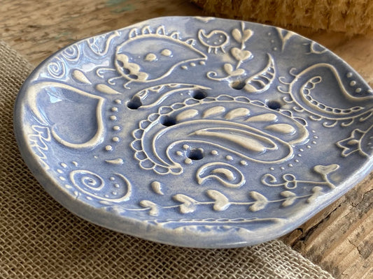 Handmade Ceramic Blue Paisley Soap Dish