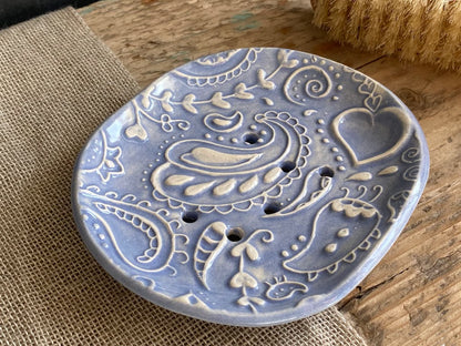Handmade Ceramic Blue Paisley Soap Dish