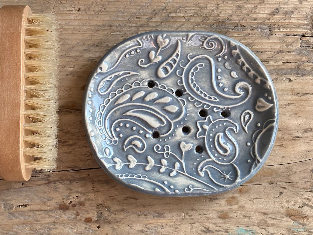 Handmade Ceramic Blue Paisley Soap Dish Deep Grey