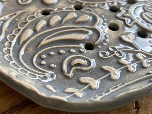 Handmade Ceramic Blue Paisley Soap Dish Deep Grey