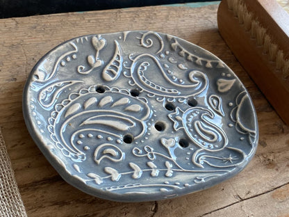 Handmade Ceramic Blue Paisley Soap Dish Deep Grey