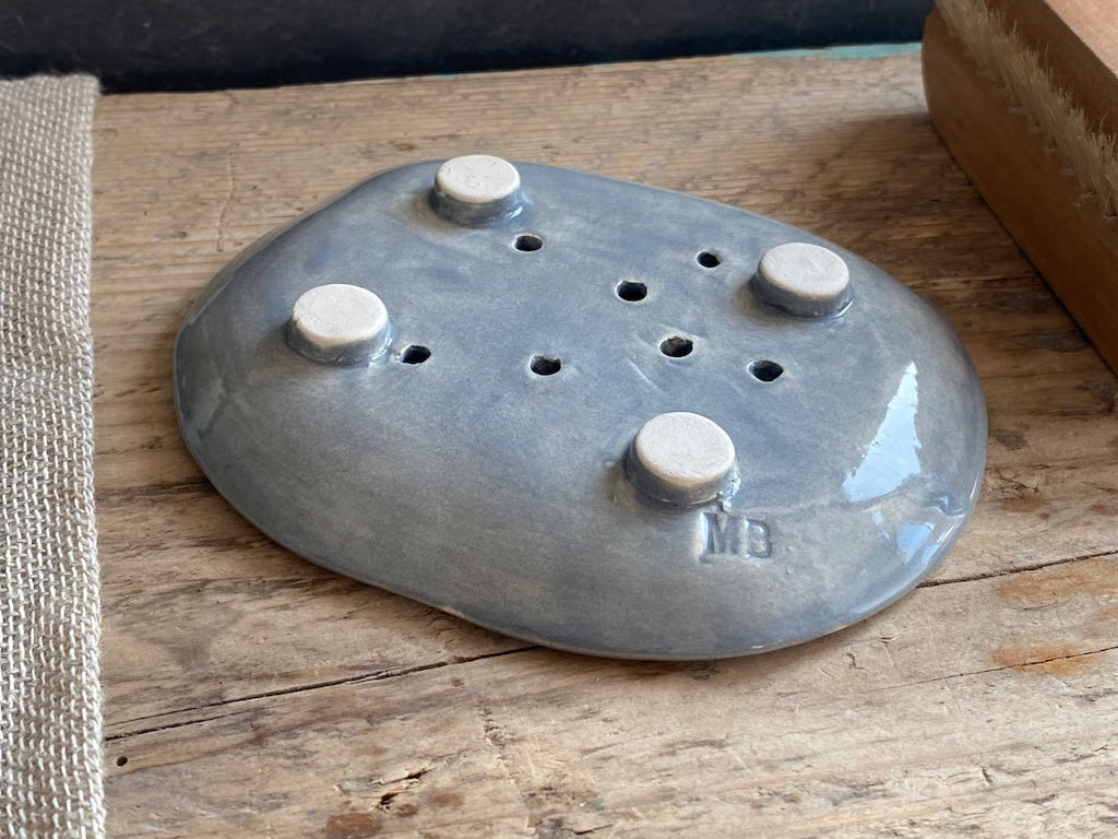 Handmade Ceramic Blue Paisley Soap Dish Deep Grey