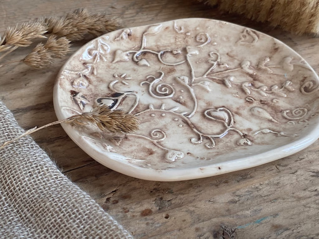 Handmade Ceramic Trinket Tray Oval Vintage style Cottage Core