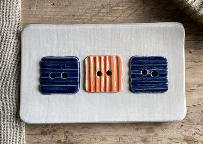 Handmade Large Ceramic Soap Dish with Button Design Orange and Navy