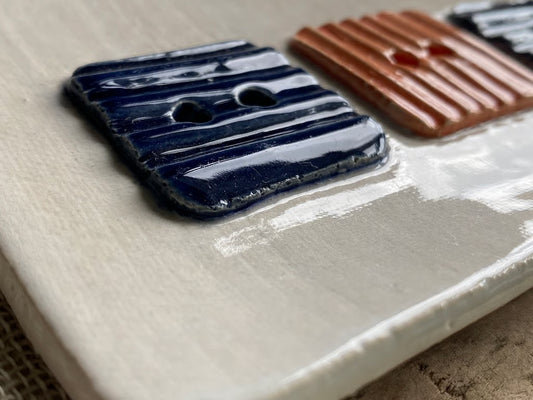 Handmade Large Ceramic Soap Dish with Button Design Orange and Navy
