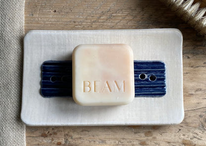 Handmade Large Ceramic Soap Dish with Button Design Orange and Navy
