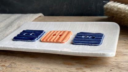 Handmade Large Ceramic Soap Dish with Button Design Orange and Navy