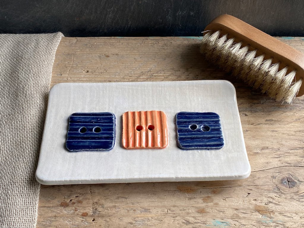 Handmade Large Ceramic Soap Dish with Button Design Orange and Navy