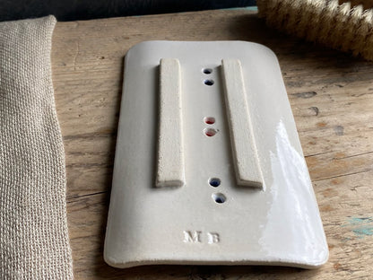 Handmade Large Ceramic Soap Dish with Button Design Orange and Navy