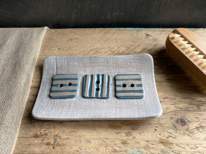 Handmade Large Ceramic Soap Dish with Button Design Blue