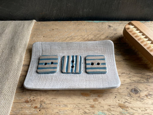 Handmade Large Ceramic Soap Dish with Button Design Blue