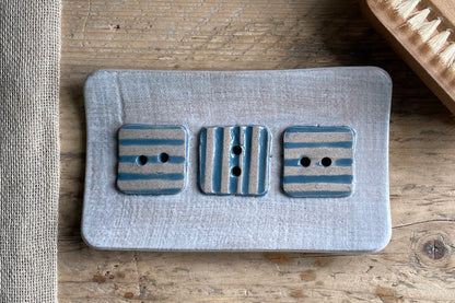 Handmade Large Ceramic Soap Dish with Button Design Blue