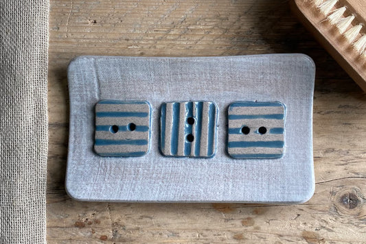 Handmade Large Ceramic Soap Dish with Button Design Blue