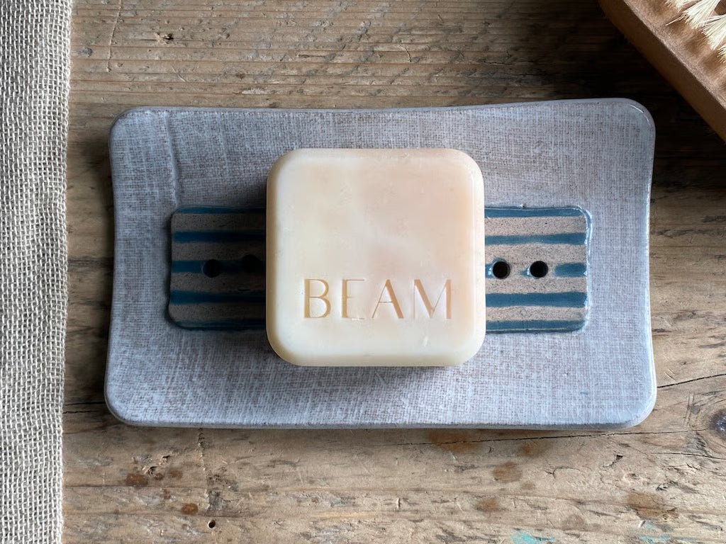 Handmade Large Ceramic Soap Dish with Button Design Blue
