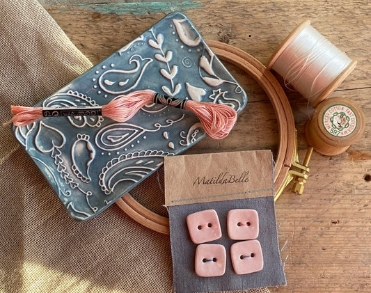 Ceramic Grey / Blue sewing tray with Handmade Pottery Buttons Gift Box