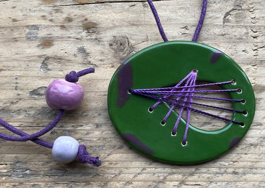 Handmade Ceramic Pendant - Large Oval Pendant-Green and Purple