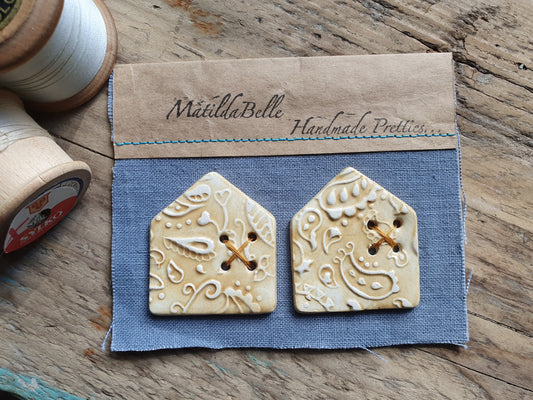 Two Ceramic Paisley HouseCeramic Buttons in Ochre