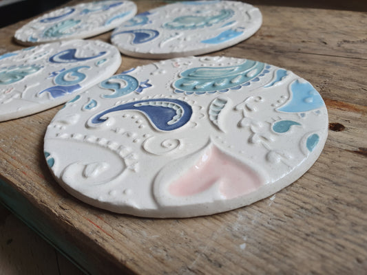 Stunning set of Four Handmade Ceramic Paisley Coasters