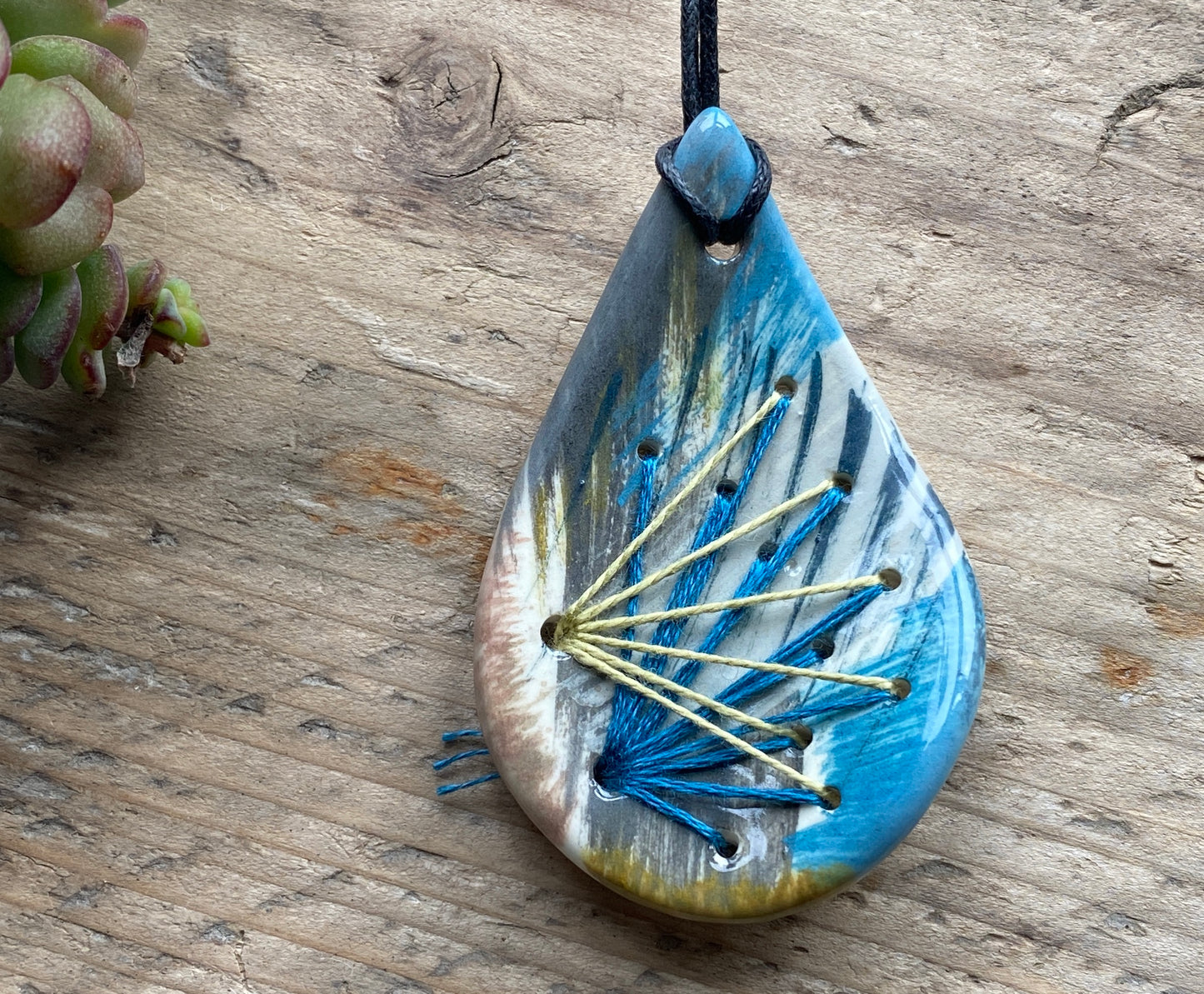 Handmade Ceramic Stitched Tear drop Statement Pendant *reduced