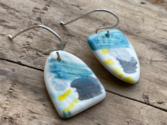 Handmade Ceramic Drop Earrings - Painterly Range, Earthenware Clay & Recycled Sterling Silver