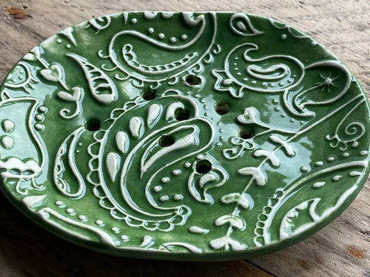 Handmade Ceramic Paisley Green Soap Dish