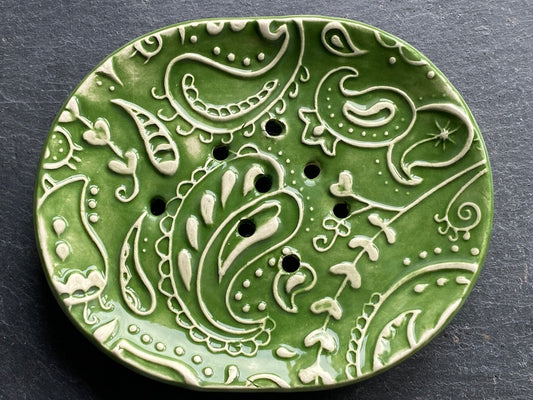 Handmade Ceramic Paisley Green Soap Dish