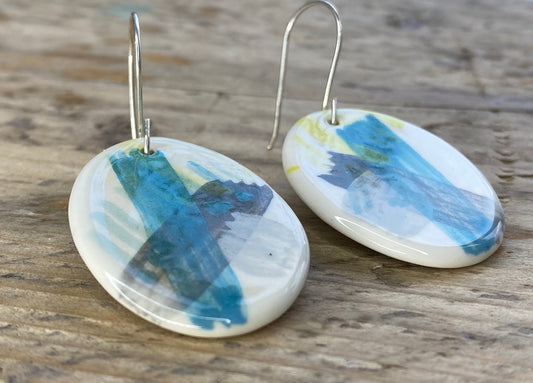 Handmade large Ceramic & Silver Dangly Earrings