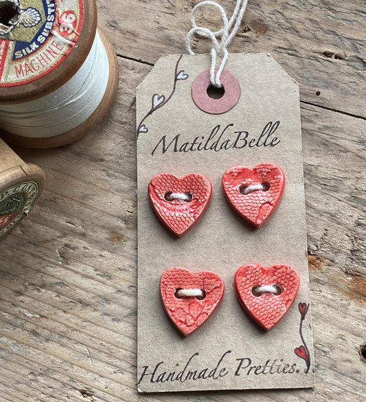 Set of Four handmade Ceramic Red Heart Buttons 18mm