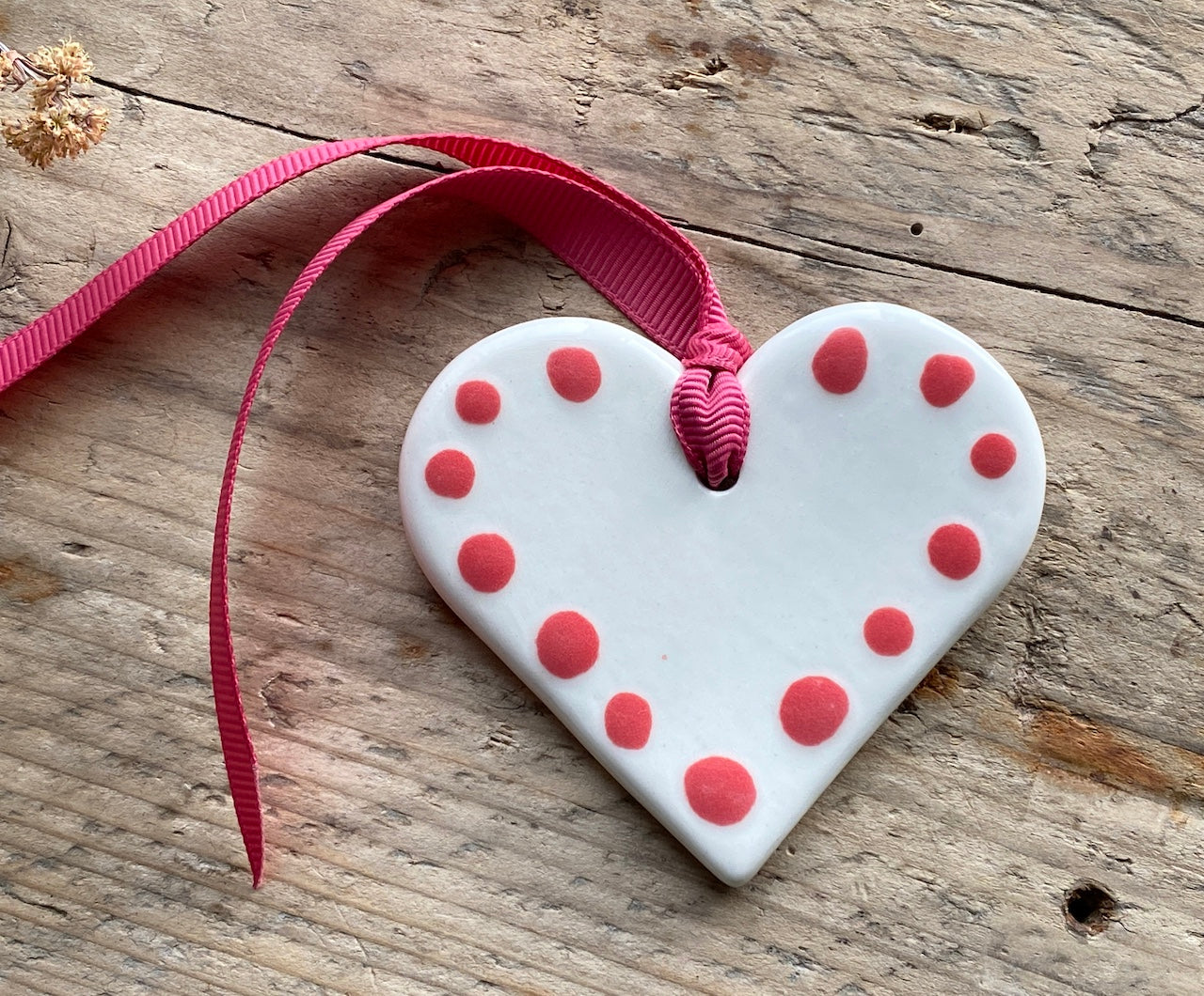 Handmade Ceramic Pretty Polka Dot Pink Heart Hanging