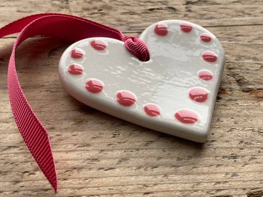 Handmade Ceramic Pretty Polka Dot Pink Heart Hanging