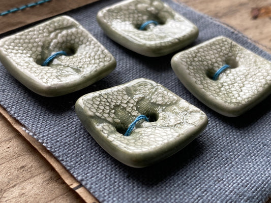 Set of Four handmade Ceramic Green Square Buttons 20mm