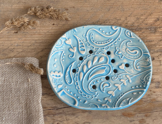 Handmade Ceramic Blue Paisley Soap Dish